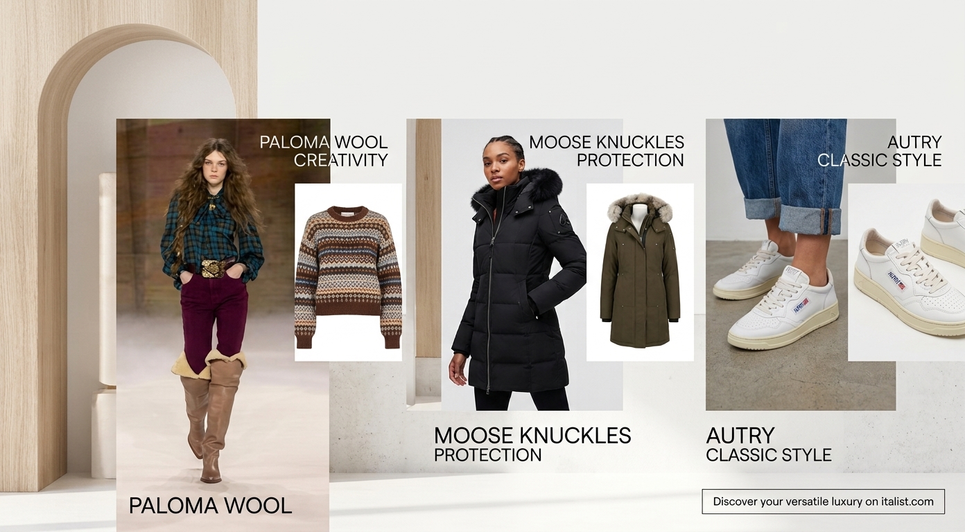 Versatile fashion wardrobe featuring Paloma Wool clothing, Moose Knuckles coats, and Autry sneakers