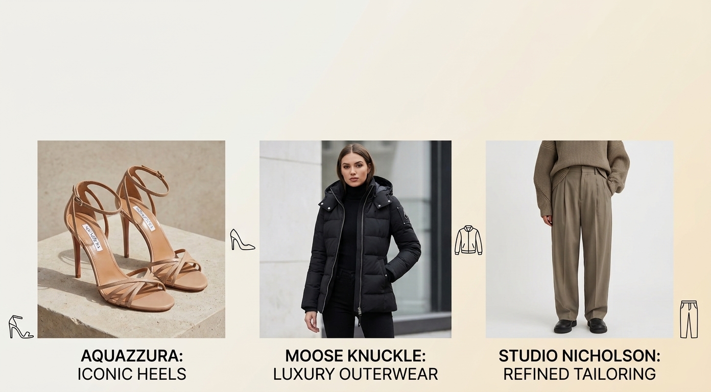 Timeless luxury wardrobe featuring Aquazzura heels, a Moose Knuckle jacket, and Studio Nicholson clothing